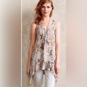 MAEVE ANTHROPOLOGIE MAGDA Blouse Sz. XS Sleeveless Floral Asymmetrical Ruffles.